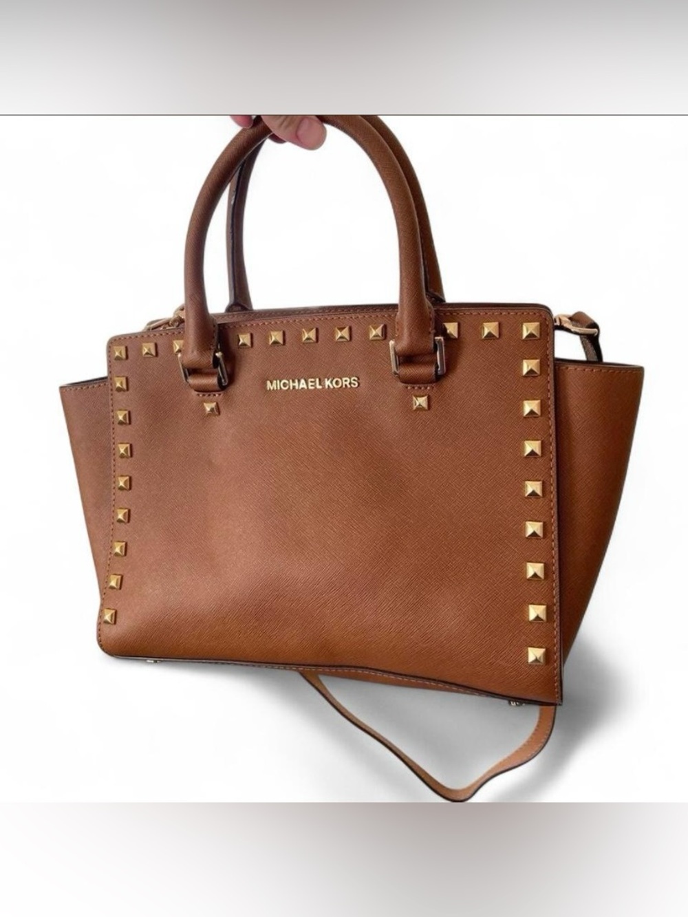 Michael Kors Selma Stud Medium Saffiano Leather Satchel Luggage Brown